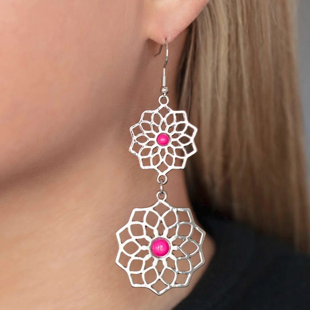 paparazzi -  Silver Filigree Drop Earrings with Hot Pink Accents